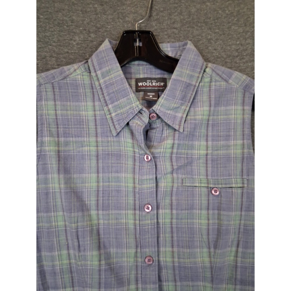 Woolrich Womens Shirt M Purple Plaid Button Sleeveless Lightweight Gorp Hiking